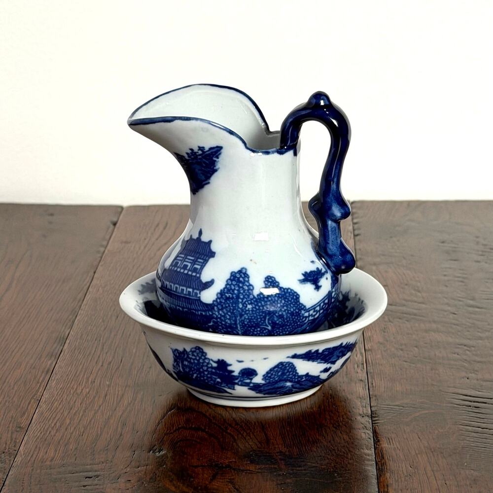 Vintage Willow Tree Small Pitcher and Bowl | Blue Chinoiserie Shadow Box Decor